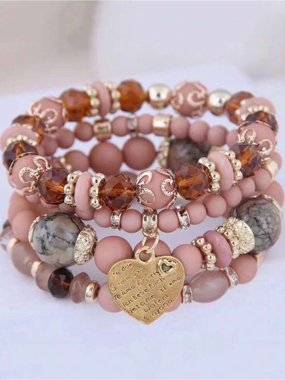 Set of 4 Brown and Gold Multi-Strand Beaded Heart Bracelets